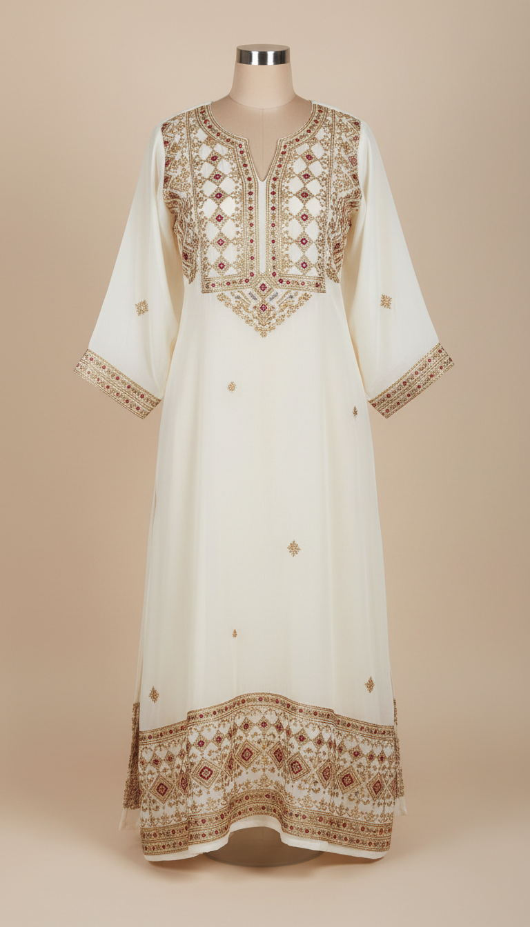 Ivory chiffon kurta with gold embroidery