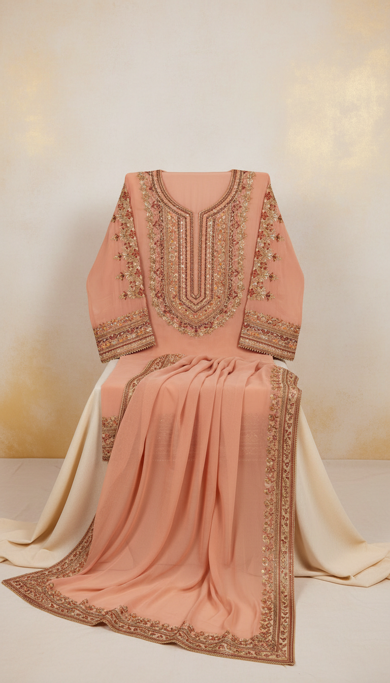 Peach Rose Chiffon Unstitched Ensemble