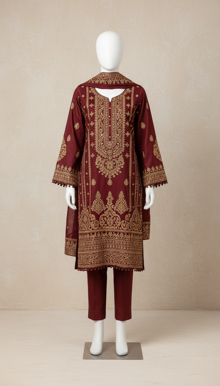 Embroidered Maroon Lawn Three-Piece Suit