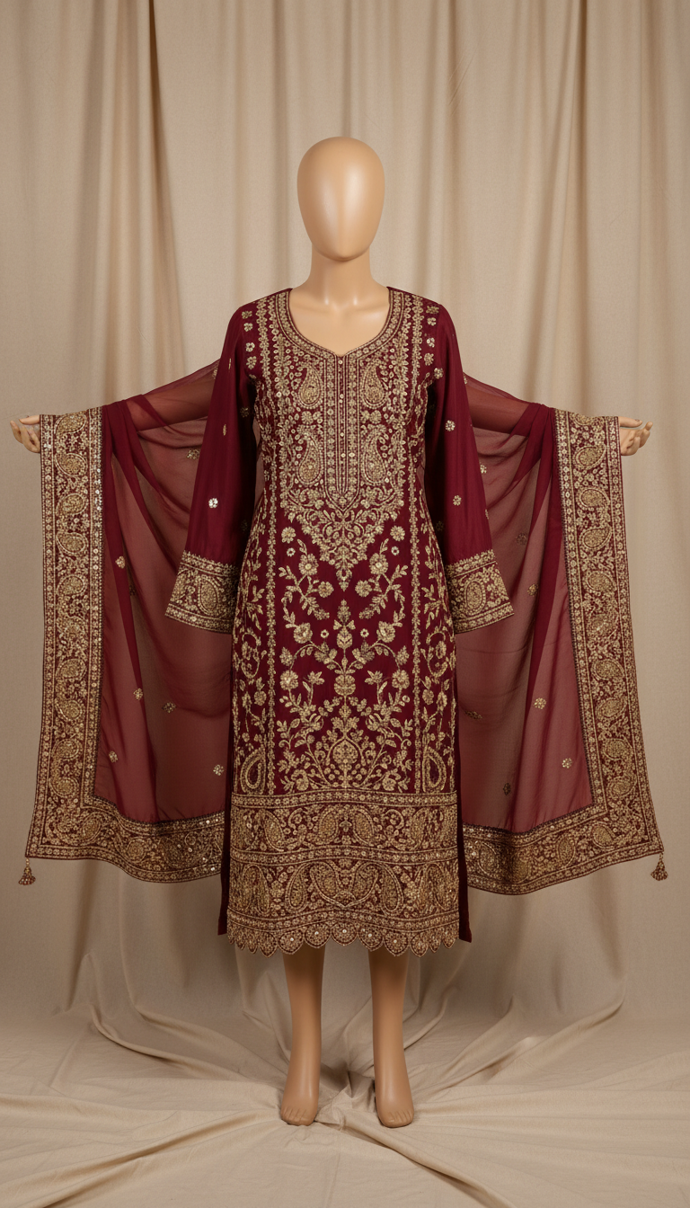 Gold-Accented Chiffon Pret Kurta With Dupatta