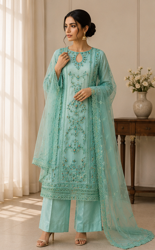 Mocha green Luxury Stitched Shirt With Antique Motif Detailing