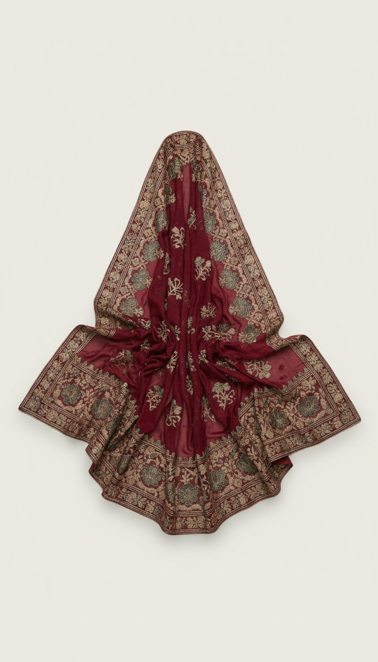 Chiffon Dupatta with Maroon and Gold Threadwork