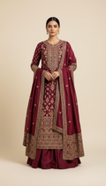 Majestic Maroon Silk Embroidered Ensemble