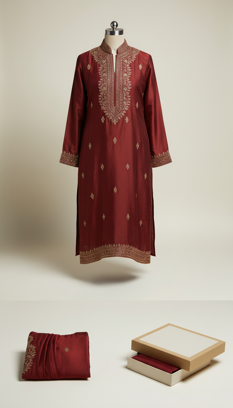 Maroon Silk Kurta with Gold Embroidery