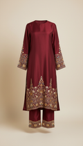 Heritage maroon silk ensemble with detailed hem