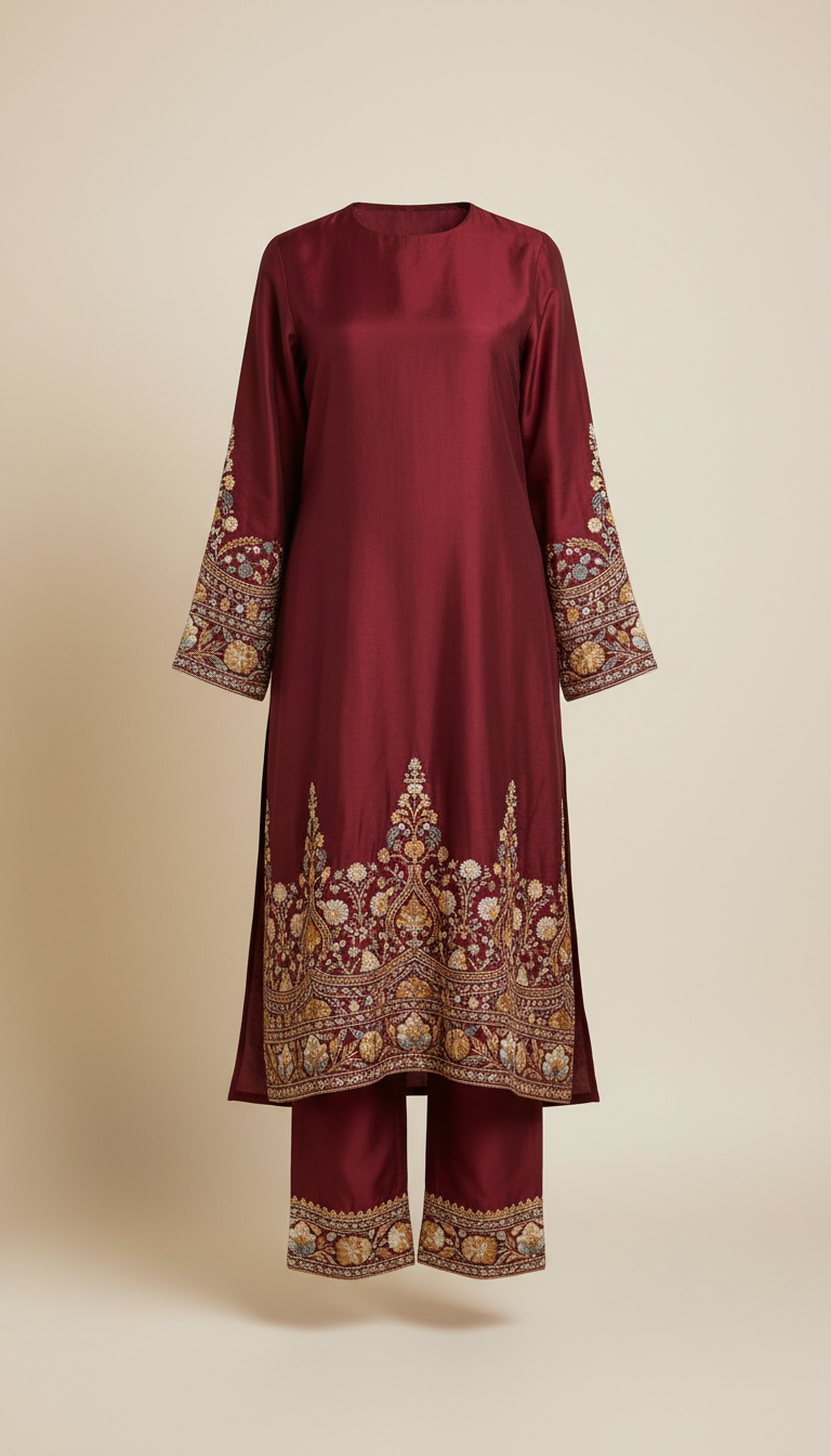 Heritage maroon silk ensemble with detailed hem